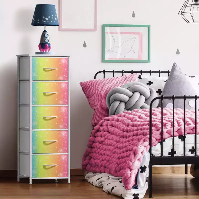 Narrow 5-Drawer Nightstand with Steel Frame & Wood Top