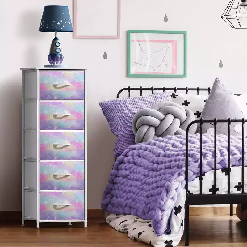 Narrow 5-Drawer Nightstand with Steel Frame & Wood Top