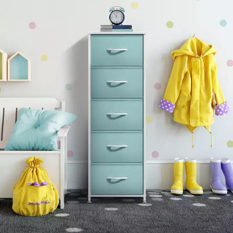 Narrow 5-Drawer Nightstand with Steel Frame & Wood Top