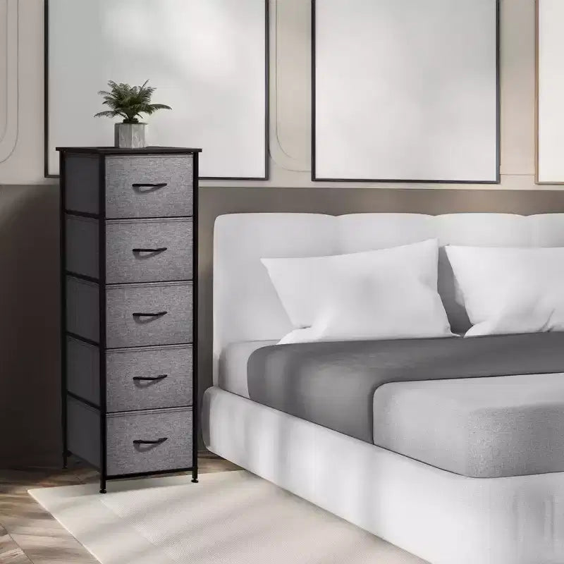Narrow 5-Drawer Nightstand with Steel Frame & Wood Top