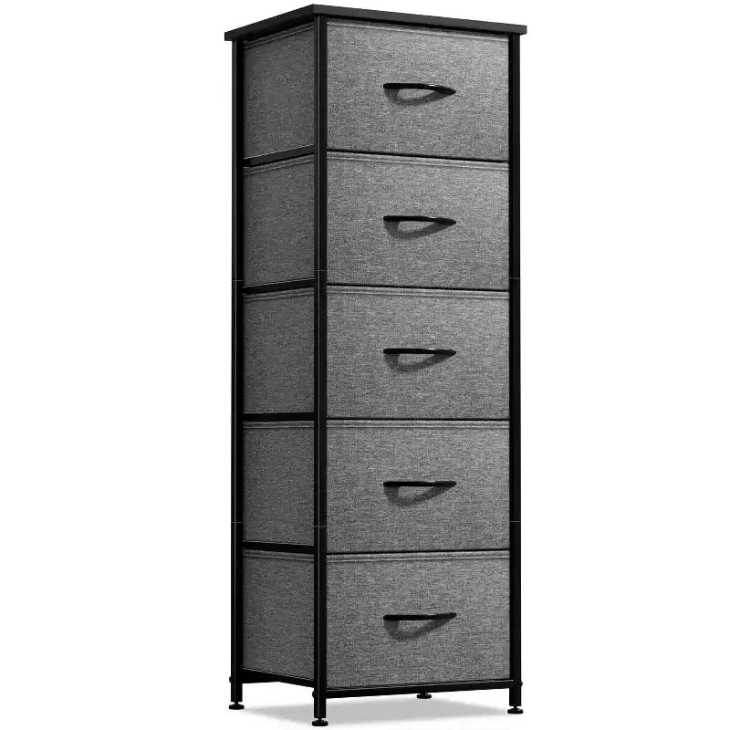 Narrow 5-Drawer Nightstand with Steel Frame & Wood Top