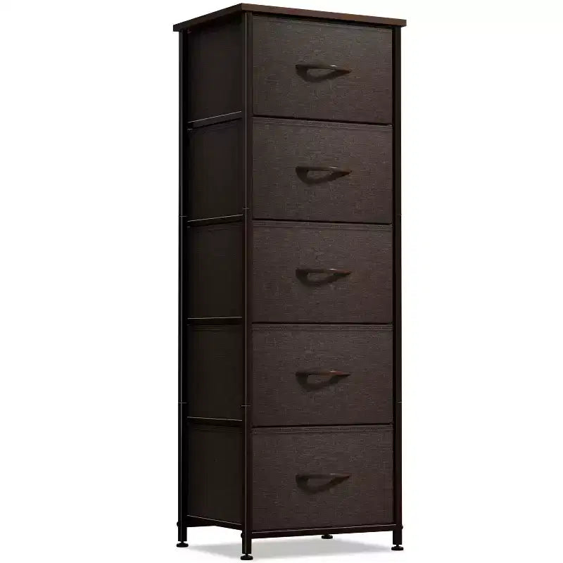 Narrow 5-Drawer Nightstand with Steel Frame & Wood Top
