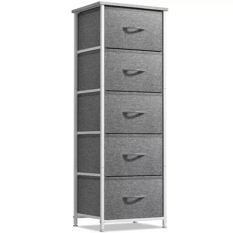 Narrow 5-Drawer Nightstand with Steel Frame & Wood Top