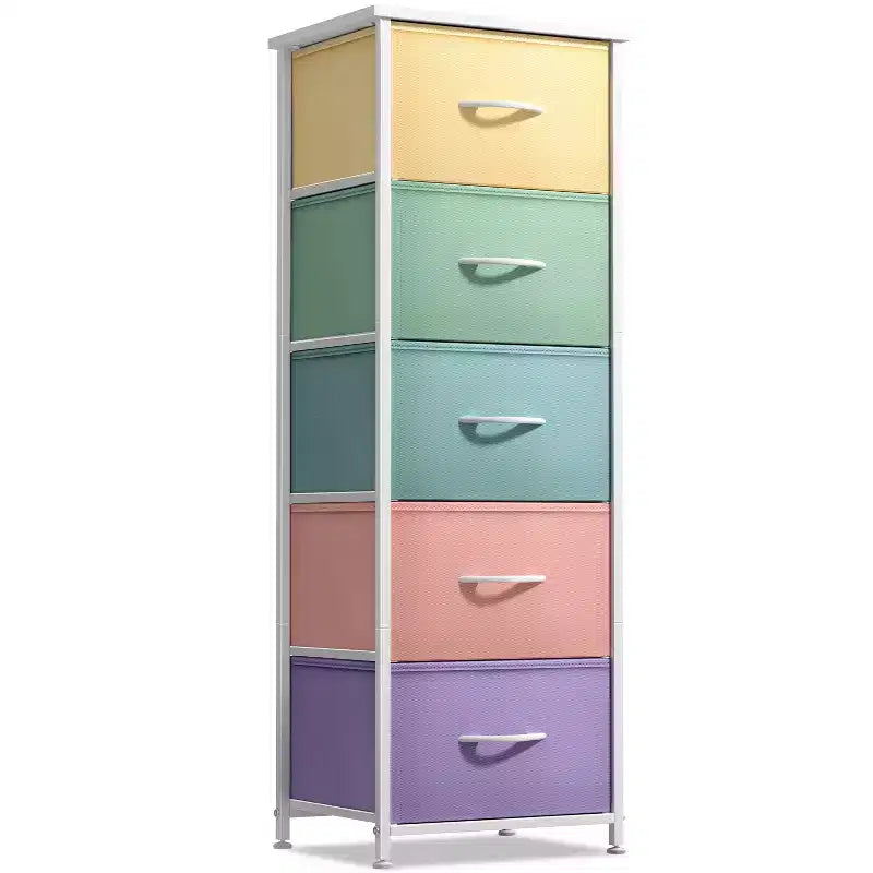 Narrow 5-Drawer Nightstand with Steel Frame & Wood Top
