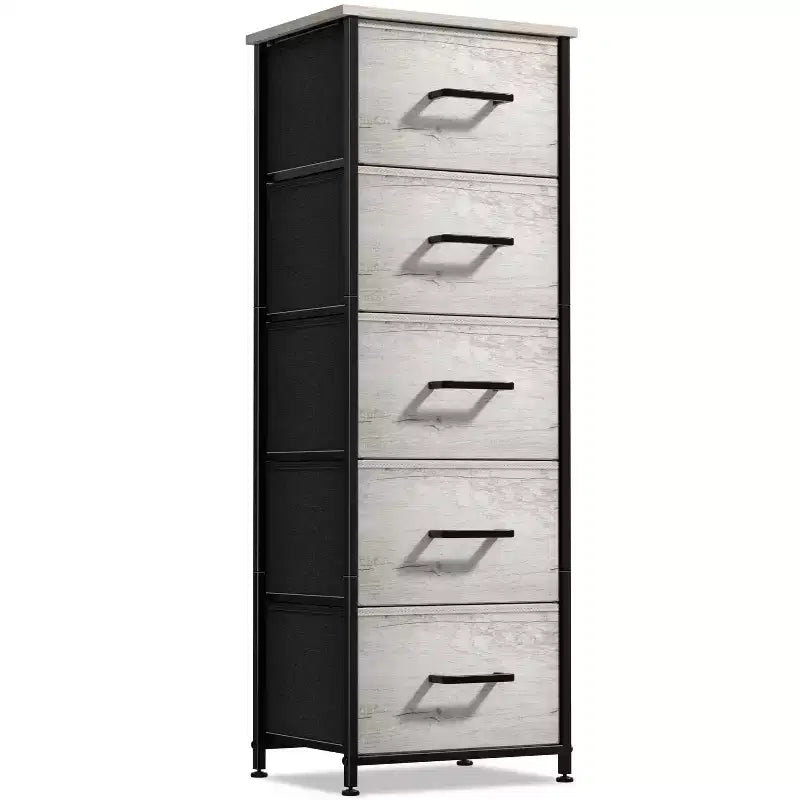 Narrow 5-Drawer Nightstand with Steel Frame & Wood Top