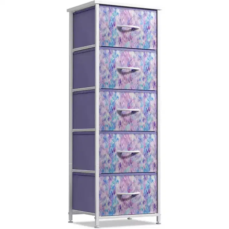 Narrow 5-Drawer Nightstand with Steel Frame & Wood Top