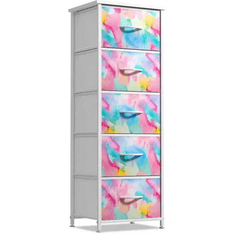 Narrow 5-Drawer Nightstand with Steel Frame & Wood Top