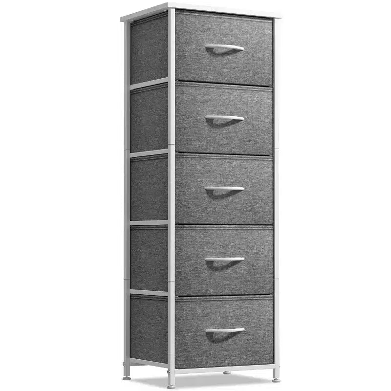 Narrow 5-Drawer Nightstand with Steel Frame & Wood Top