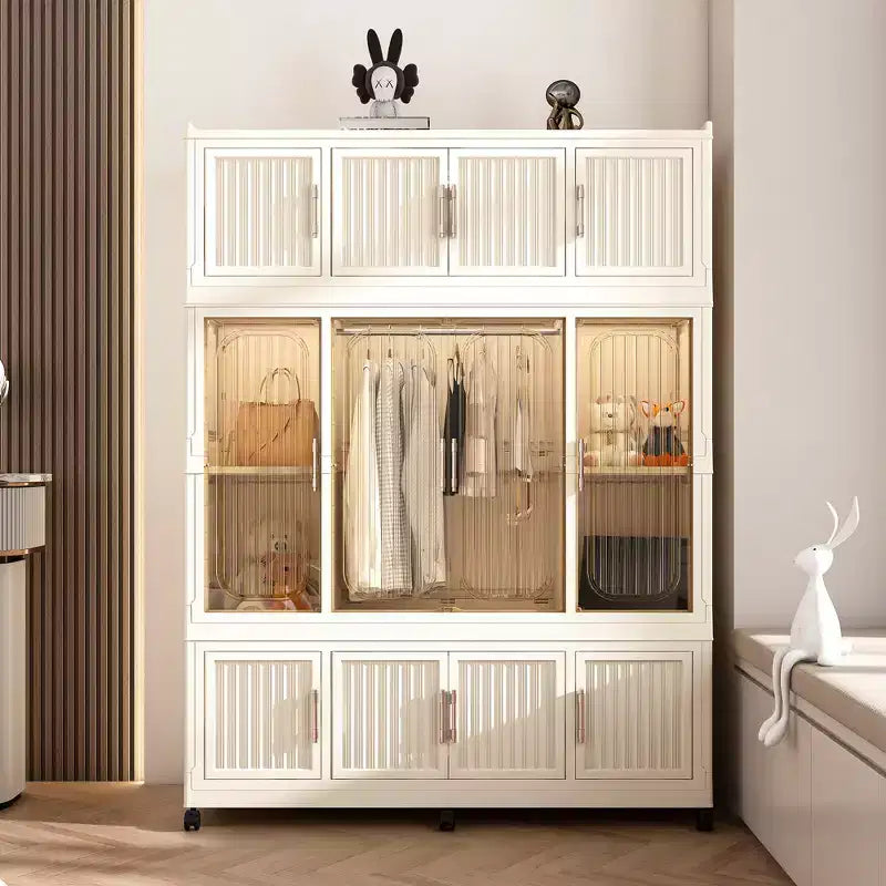 Portable Wardrobe Closet Storage Organizer for Clothes, Wardrobe Storage Cabinet with Magnetic Transparent Door & Hanging Rod for Living Room Bedroom