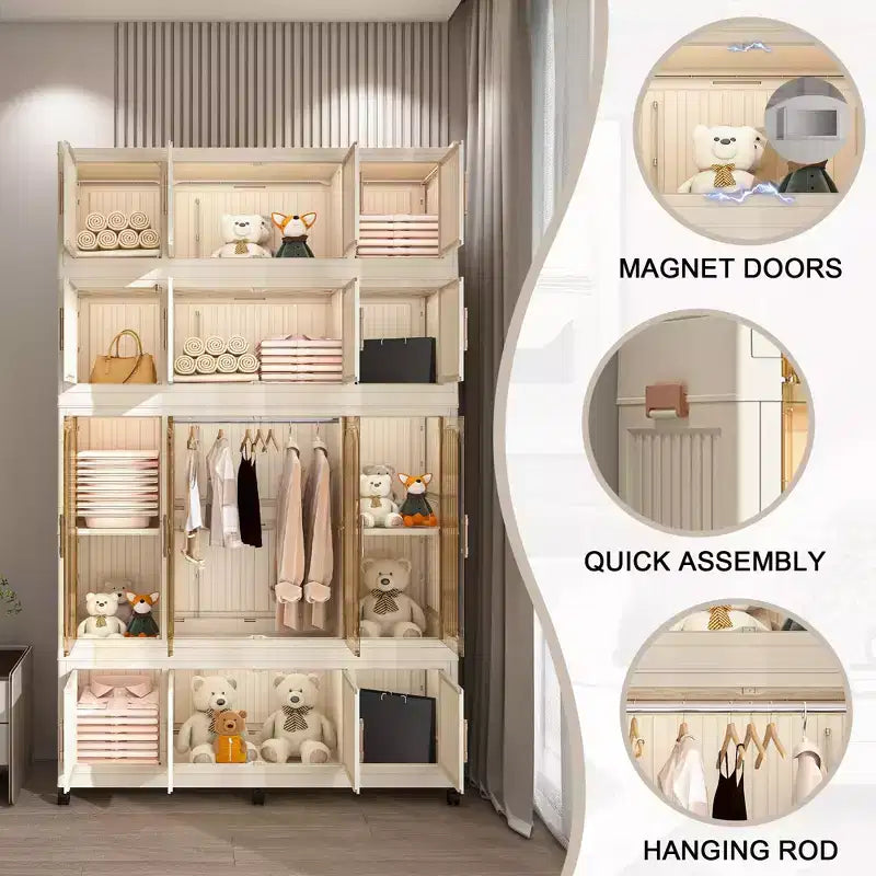 Portable Wardrobe Closet with Magnetic Door & Hanging Rod