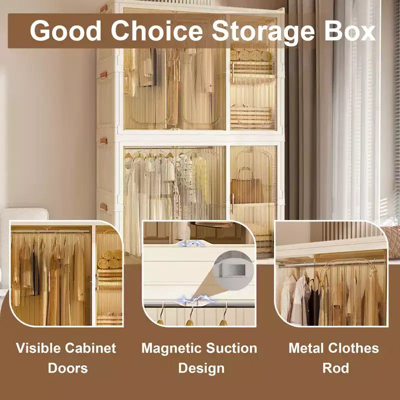Portable Wardrobe Closet with Magnetic Door & Hanging Rod