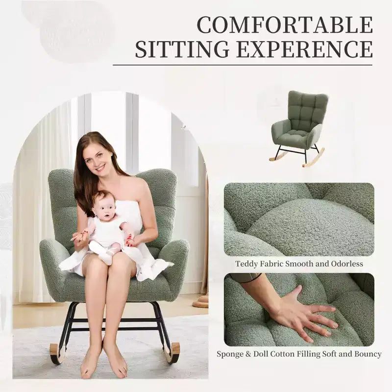 Nursery Rocking Chair Glider Rocker for Breastfeeding, Upholstered Accent Chair for Bedroom & Living Room