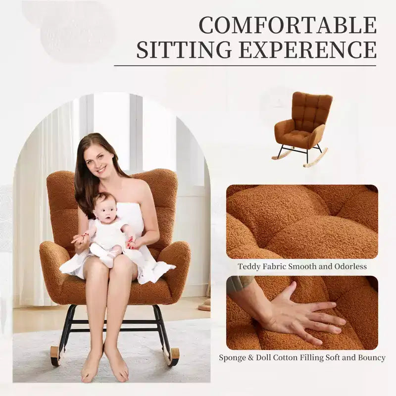 Nursery Rocking Chair Glider Rocker for Breastfeeding, Upholstered Accent Chair for Bedroom & Living Room