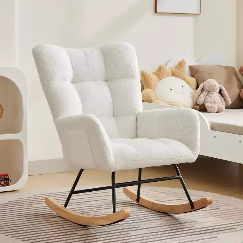 Nursery Rocking Chair, Living Room Glider Rocker for Breastfeeding, Comfy Accent Chairs for Bedroom, Plush Teddy Upholstered Armchairs Indoor