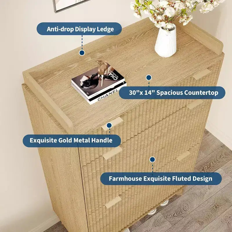 Narrow Storage Shoe Cabinet with Fluted Design, 2 Flip Drawers and Top Drawer