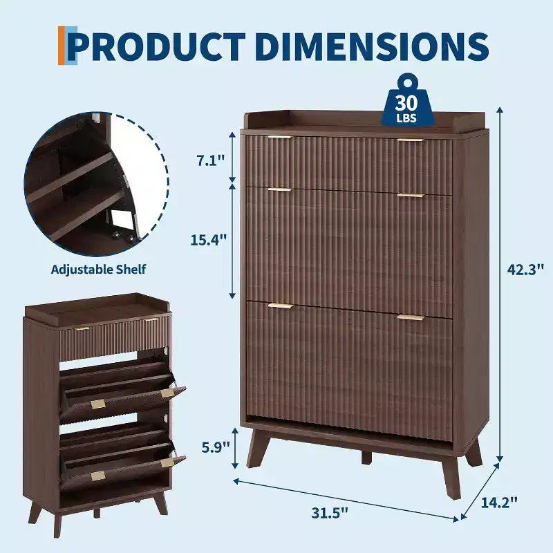 Narrow Storage Shoe Cabinet with Fluted Design, 2 Flip Drawers and Top Drawer