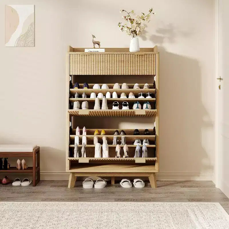 Narrow Storage Shoe Cabinet with Fluted Design, 2 Flip Drawers and Top Drawer