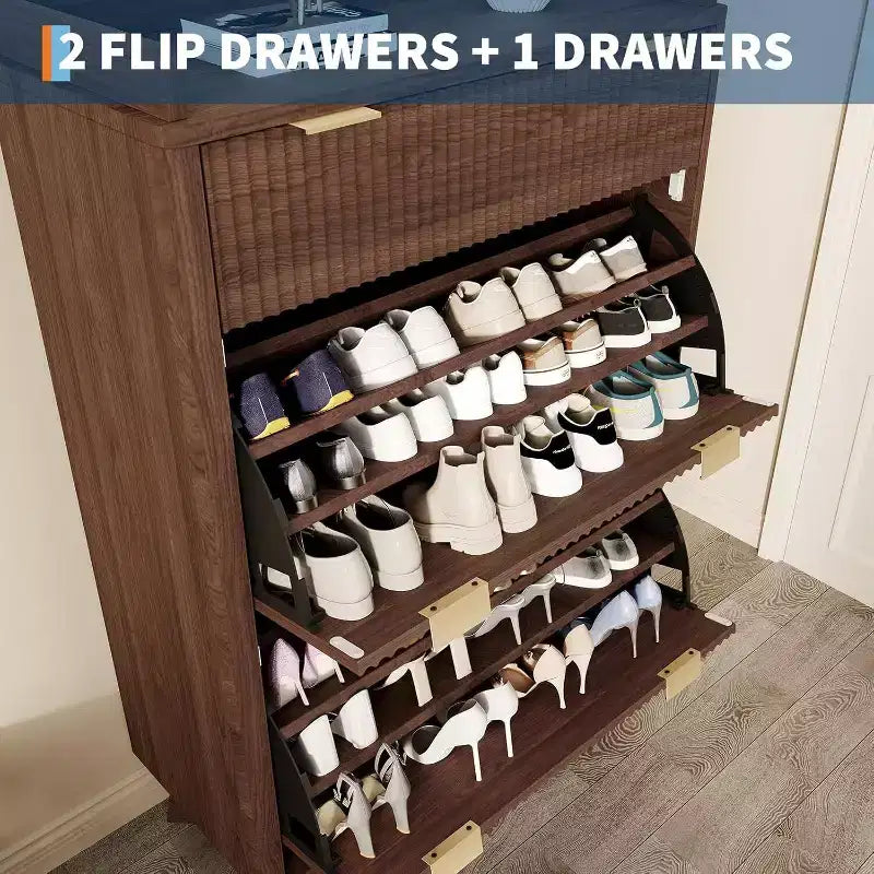 Narrow Storage Shoe Cabinet with Fluted Design, 2 Flip Drawers and Top Drawer