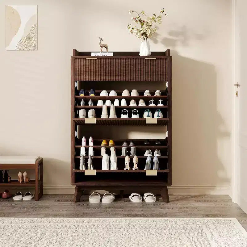Narrow Storage Shoe Cabinet with Fluted Design, 2 Flip Drawers and Top Drawer