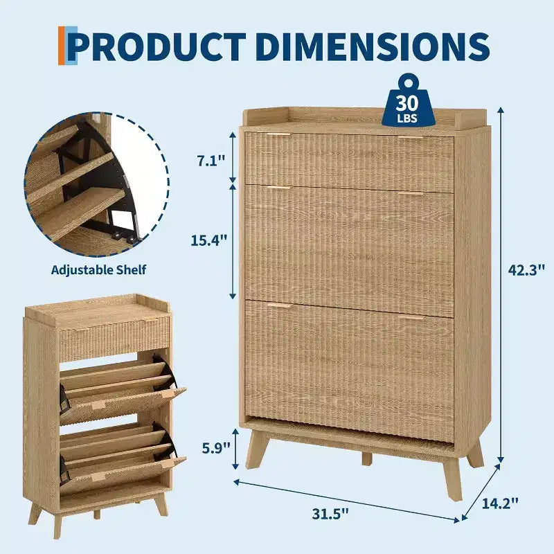 Narrow Storage Shoe Cabinet with Fluted Design, 2 Flip Drawers and Top Drawer