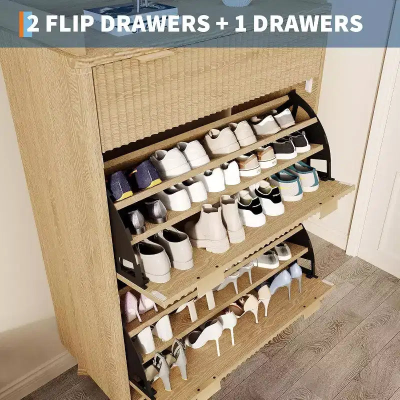 Narrow Storage Shoe Cabinet with Fluted Design, 2 Flip Drawers and Top Drawer