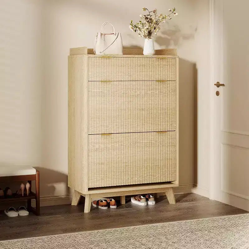Narrow Storage Shoe Cabinet with Fluted Design, 2 Flip Drawers and Top Drawer