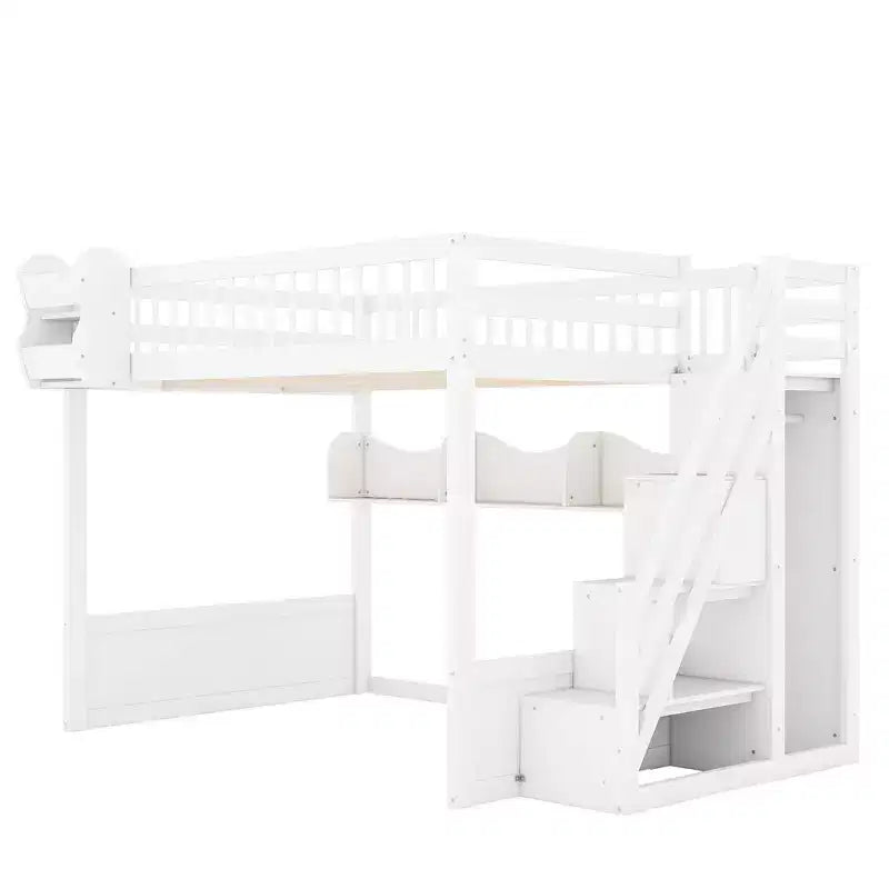 Lit mezzanine double avec escalier, armoire et étagères de rangement – MDF, 295 kg