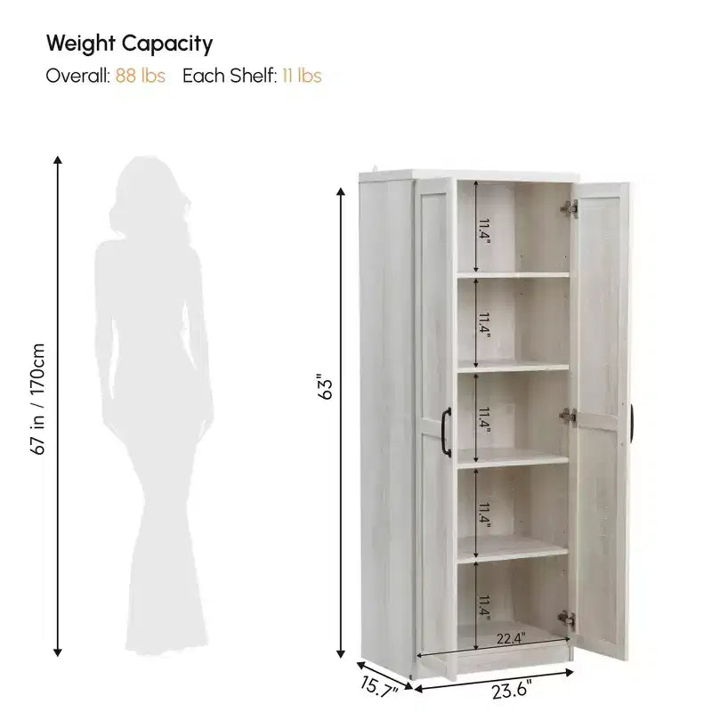 Garde-manger de cuisine 2 portes de 160 cm, meuble de rangement autoportant avec 5 étagères et 2 étagères réglables pour salle à manger