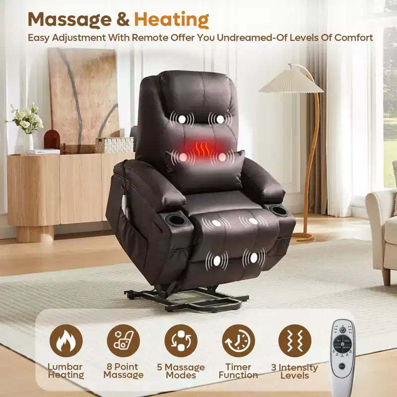 Fauteuil inclinable électrique avec fonction releveur, massage et chauffage Bestier 34,6 po, fauteuil inclinable en similicuir avec poches latérales et porte-gobelets