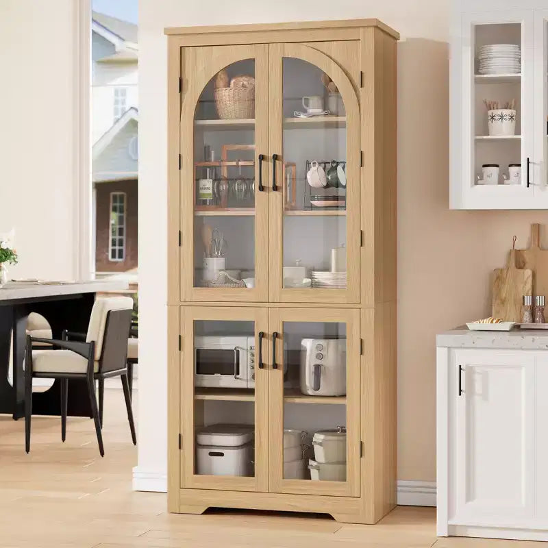 Meuble de rangement de cuisine de 178 cm, buffet moderne avec 4 portes vitrées cintrées et étagères réglables, pour cuisine, salon, salle à manger, salle de bain