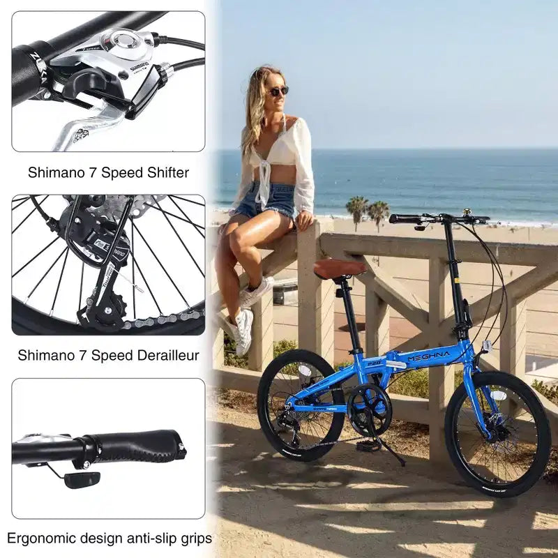 Vélo pliant de ville NAYSAYE 20 pouces, cadre léger en aluminium 7 vitesses pour les trajets quotidiens et les voyages, bleu, 57.09*24.8*39.37