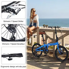 Vélo pliant de ville NAYSAYE 20 pouces, cadre léger en aluminium 7 vitesses pour les trajets quotidiens et les voyages, bleu, 57.09*24.8*39.37
