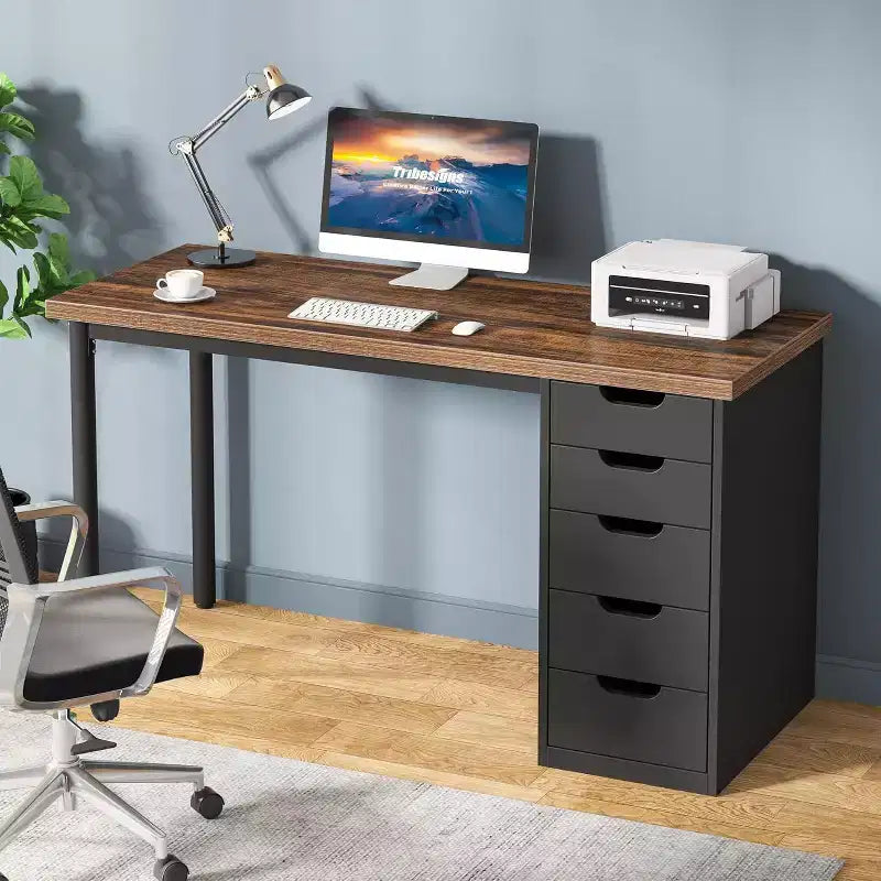 Bureau d'ordinateur Lantine avec 5 tiroirs, bureau moderne et simple de 119 cm pour la maison, le bureau et l'étude, idéal pour les petits espaces