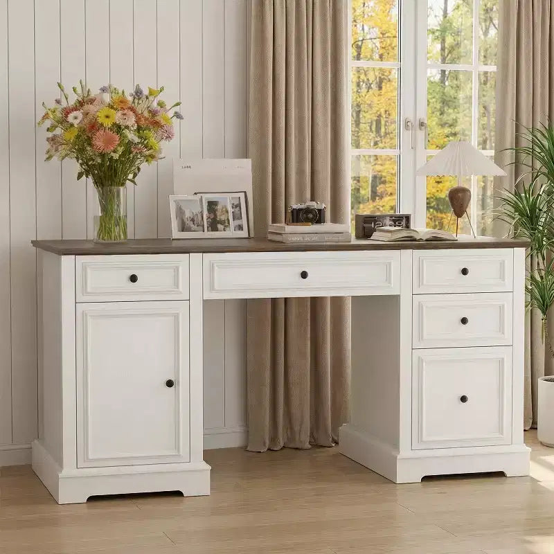 Bureau exécutif 60 po de style campagnard pour bureau à domicile – Bureau d'écriture en bois avec tiroirs, rangement d'armoire, bureau rustique pour le travail et les études