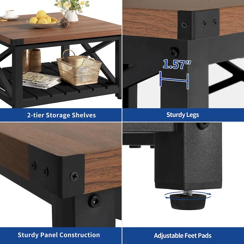 Table basse carrée à plateau relevable Moasis Farmhouse avec étagère de rangement pour salon