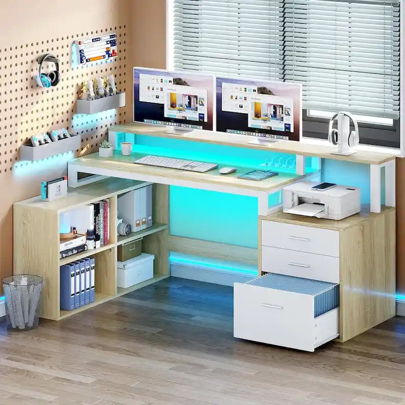 Bureau d'angle en L de 165 cm avec LED RVB, support d'écran et armoire de rangement – 1 personne | Blanc / Chêne / Gris anthracite / Noir