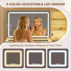 Coiffeuse cannelée de 122 cm avec miroir et lumières LED, station de charge, tabouret de rangement rembourré pour chambre à coucher