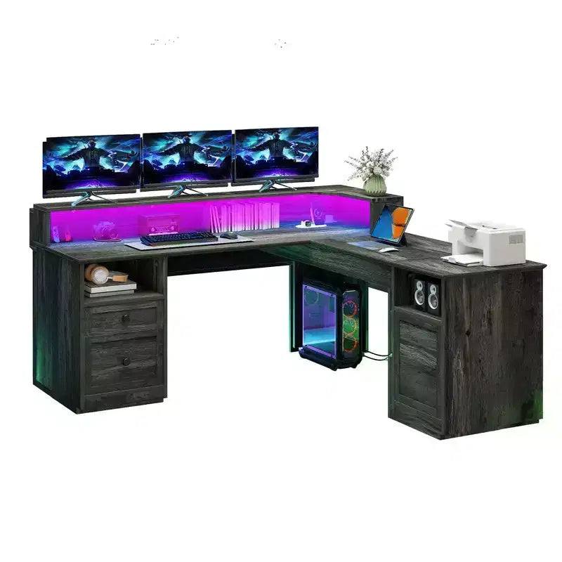 Bureau d'angle en L Balconera avec tiroirs, bureau d'ordinateur d'angle de 60 pouces avec prises de courant et plateau élévateur avec armoire de rangement et lumières LED Gris