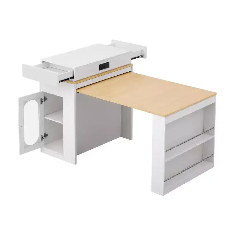 Table à manger extensible Whisen, table îlot mobile roulante avec 3 rallonges amovibles, meuble de rangement