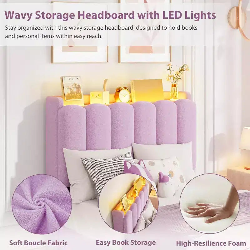 Cadre de lit avec tête de lit de rangement, cadre de lit pour enfant avec 2 tiroirs, lit plateforme capitonné en tissu, tête de lit profilée avec bibliothèque