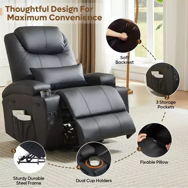 Fauteuil inclinable électrique avec fonction releveur, massage et chauffage Bestier 34,6 po, fauteuil inclinable en similicuir avec poches latérales et porte-gobelets