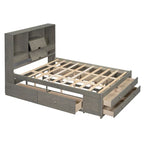 Lit moderne queen size gris en bois avec tête de lit de rangement et 8 tiroirs
