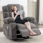 Fauteuil inclinable gris surdimensionné avec fonctions de chauffage et de massage, inclinaison à 150°, bascule à 30°, port USB pour la recharge et 2 porte-gobelets