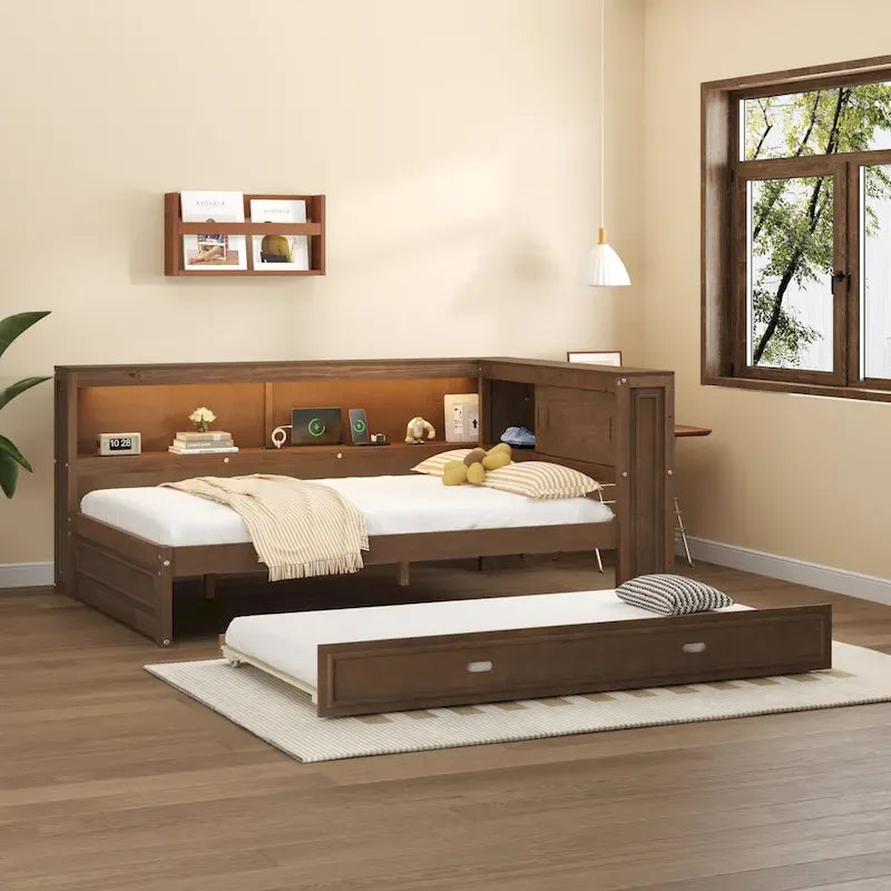 Lit de repos double avec étagères, chargement USB, lumières LED et lit gigogne simple