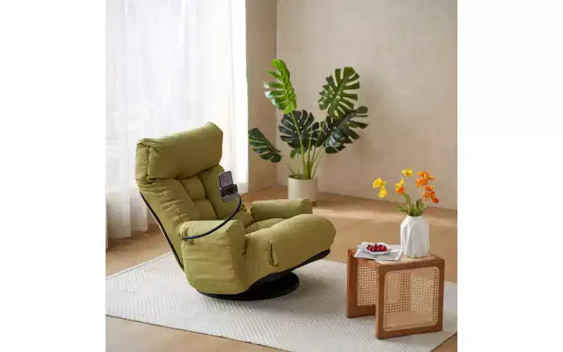 Chaise de jeu au sol, fauteuil de sol pivotant avec accoudoirs et support de téléphone, fauteuil de jeu inclinable pliant réglable sur 5 positions