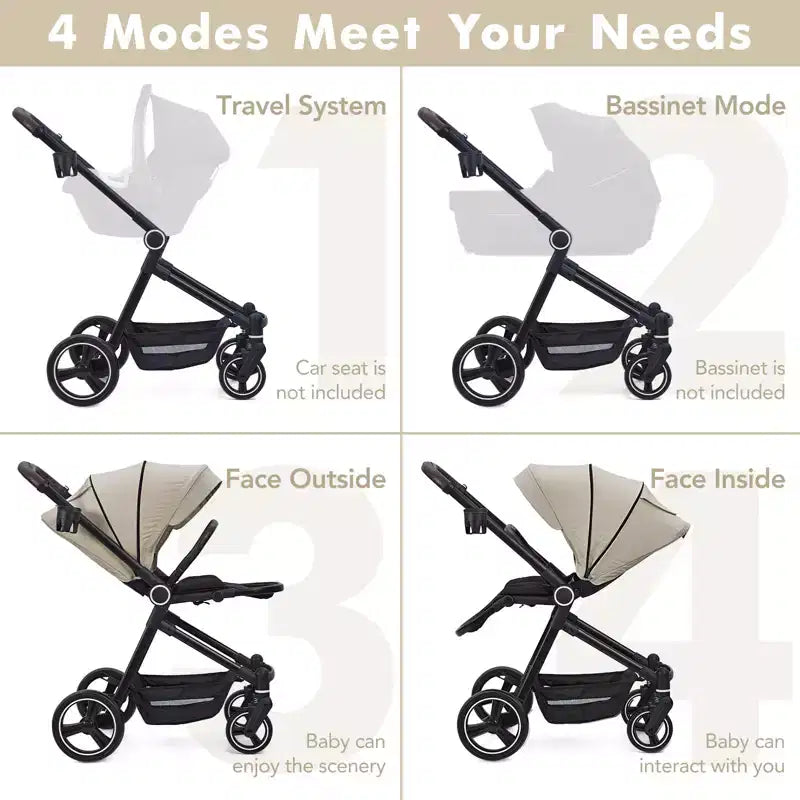 Poussette Bébé, Poussette Pliante - Poussette Haute pour Nouveau-né et Tout-petit, Landau Convertible avec Dossier Réversible