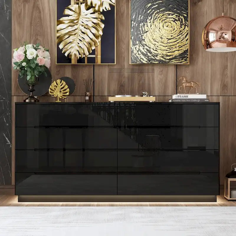 Commode haute brillance 63 po avec 8 tiroirs lumineux et plateau spacieux