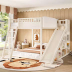 Lit mezzanine Bellemave avec tête de lit rembourrée et étagères de rangement, cadre de lit mezzanine en bois massif avec échelle et toboggan pour enfants