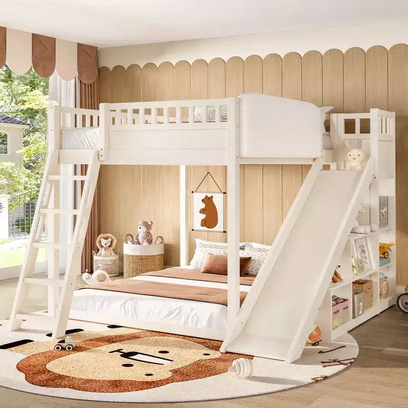 Lit mezzanine Bellemave avec tête de lit rembourrée et étagères de rangement, cadre de lit mezzanine en bois massif avec échelle et toboggan pour enfants