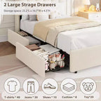 Cadre de lit avec tête de lit de rangement, cadre de lit pour enfant avec 2 tiroirs, lit plateforme capitonné en tissu, tête de lit profilée avec bibliothèque